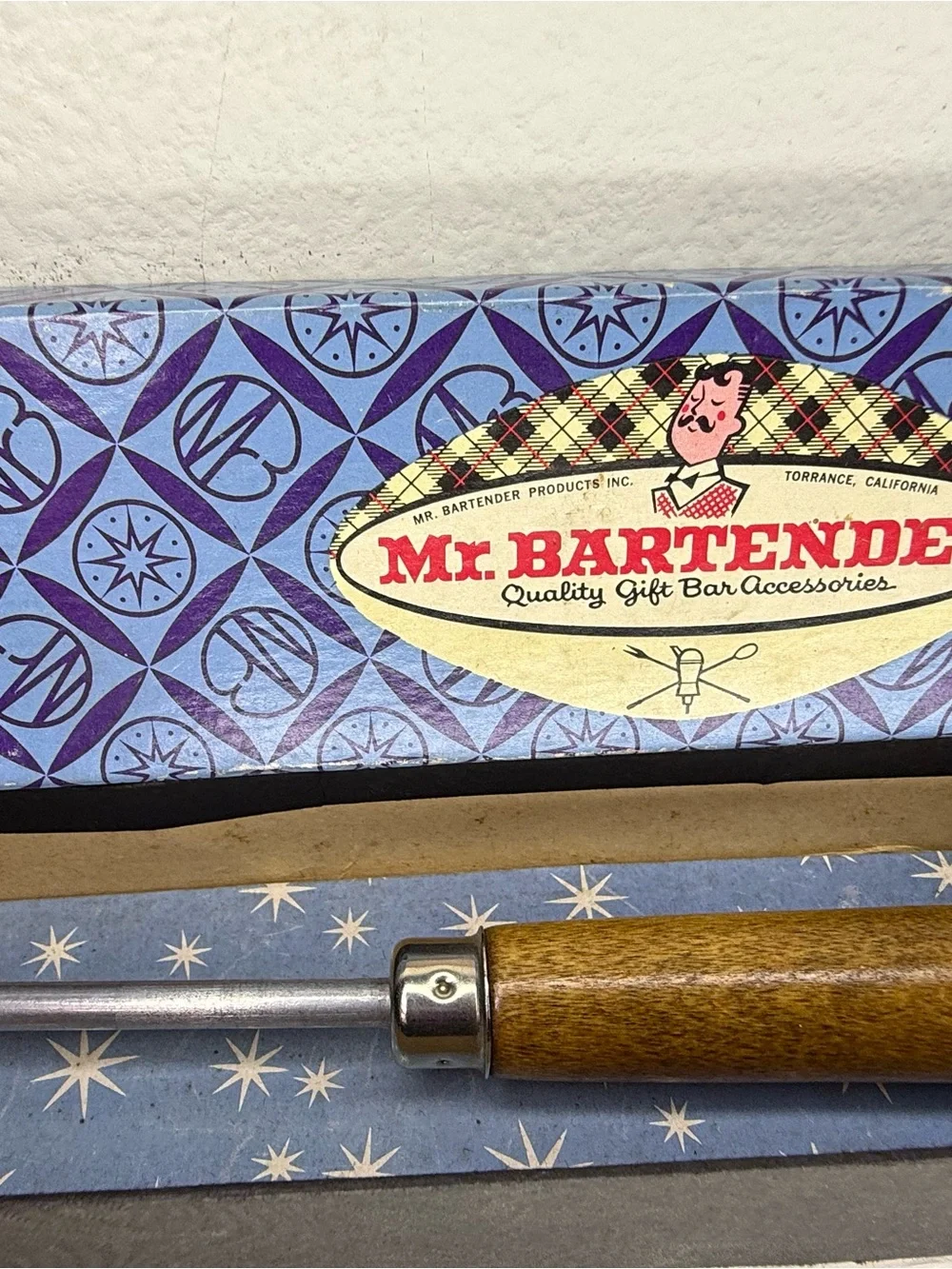 Vtg Mr. Chips Ice Chipper Bottle Opener, Wood Handle IOB Mr. Bartender LA Cali